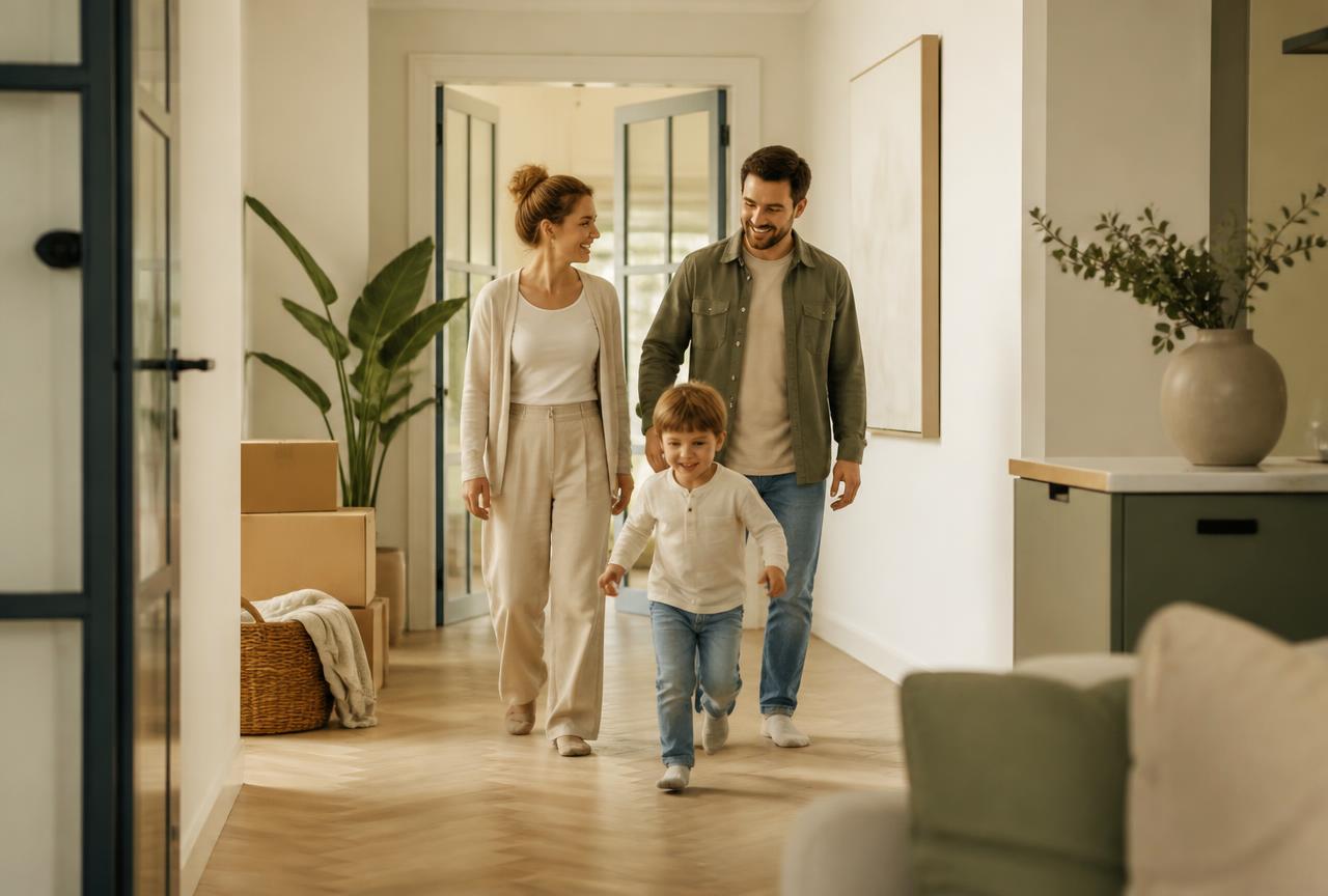 Gezin loopt door hun nieuwe woning met verhuisdozen op de achtergrond